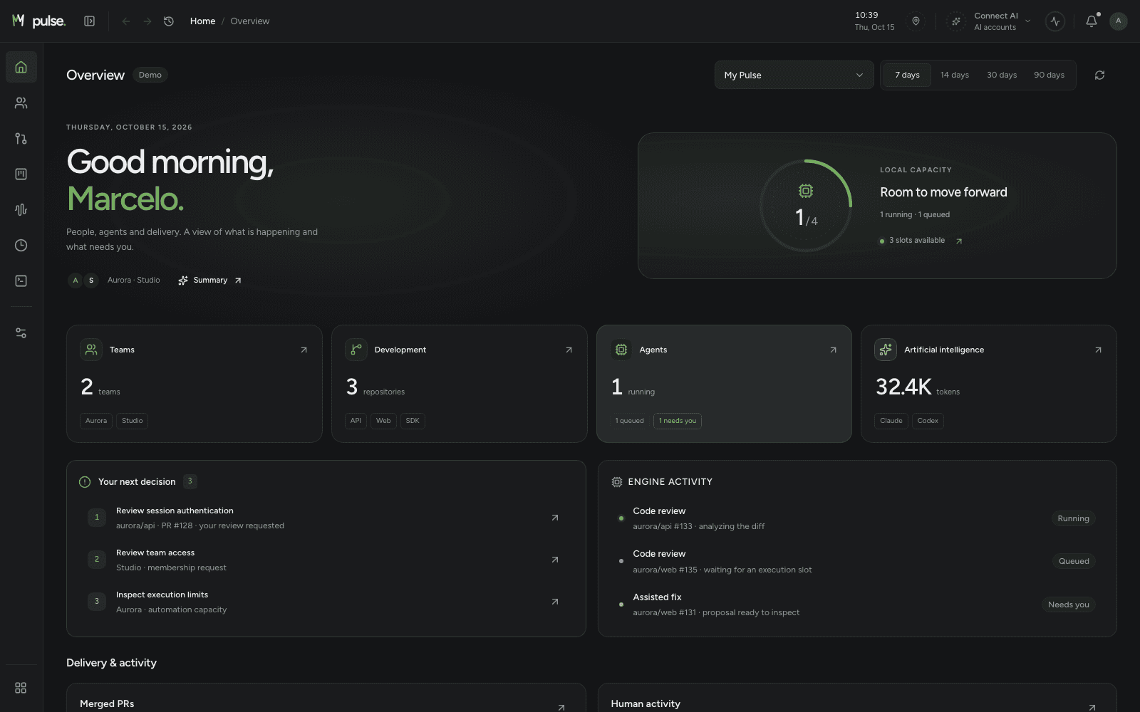 Pulse desktop overview with teams, agents and deliveries