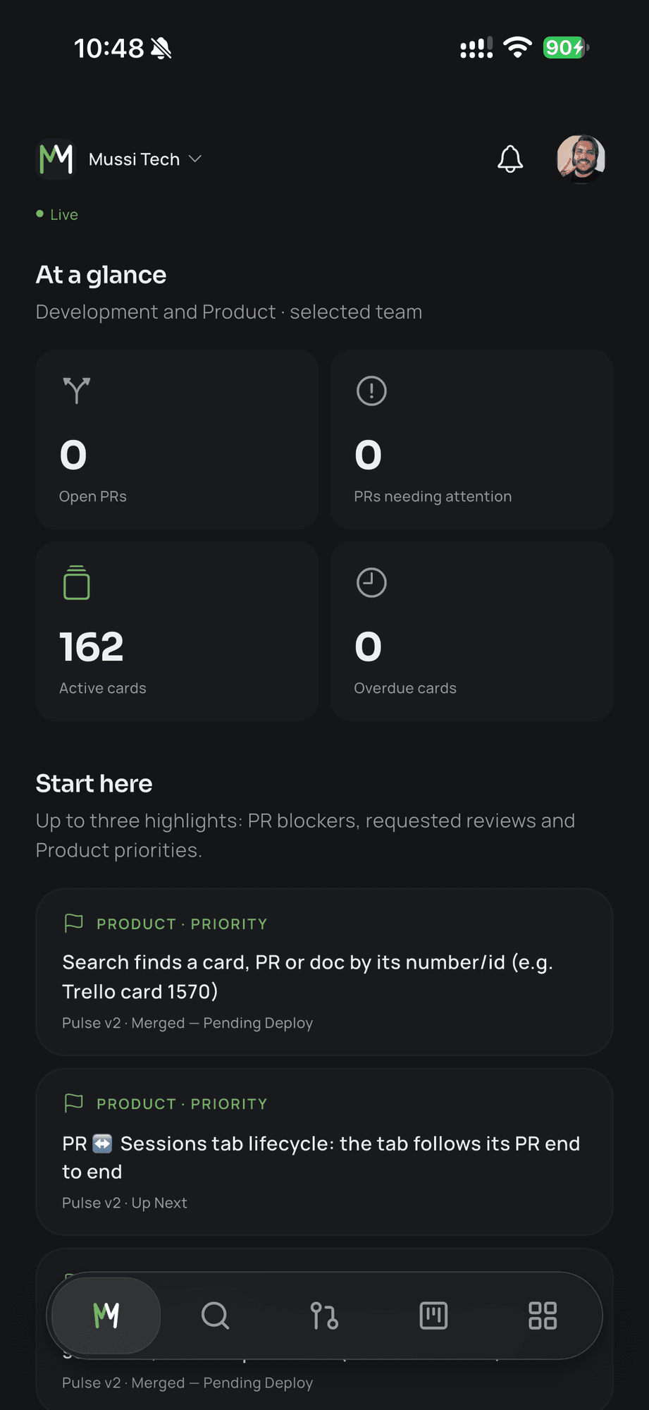 Pulse Mobile with team pull requests and cards